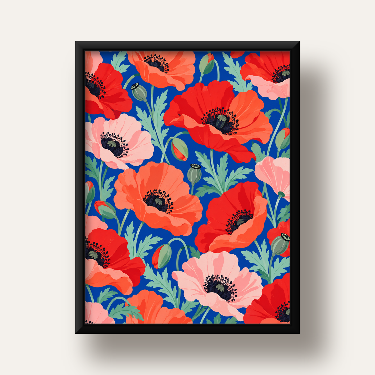 Canlı Gelincik Çiçekleri Desenli Dijital Poster - Renkli Duvar Sanatı — siyah derin çerçeveli