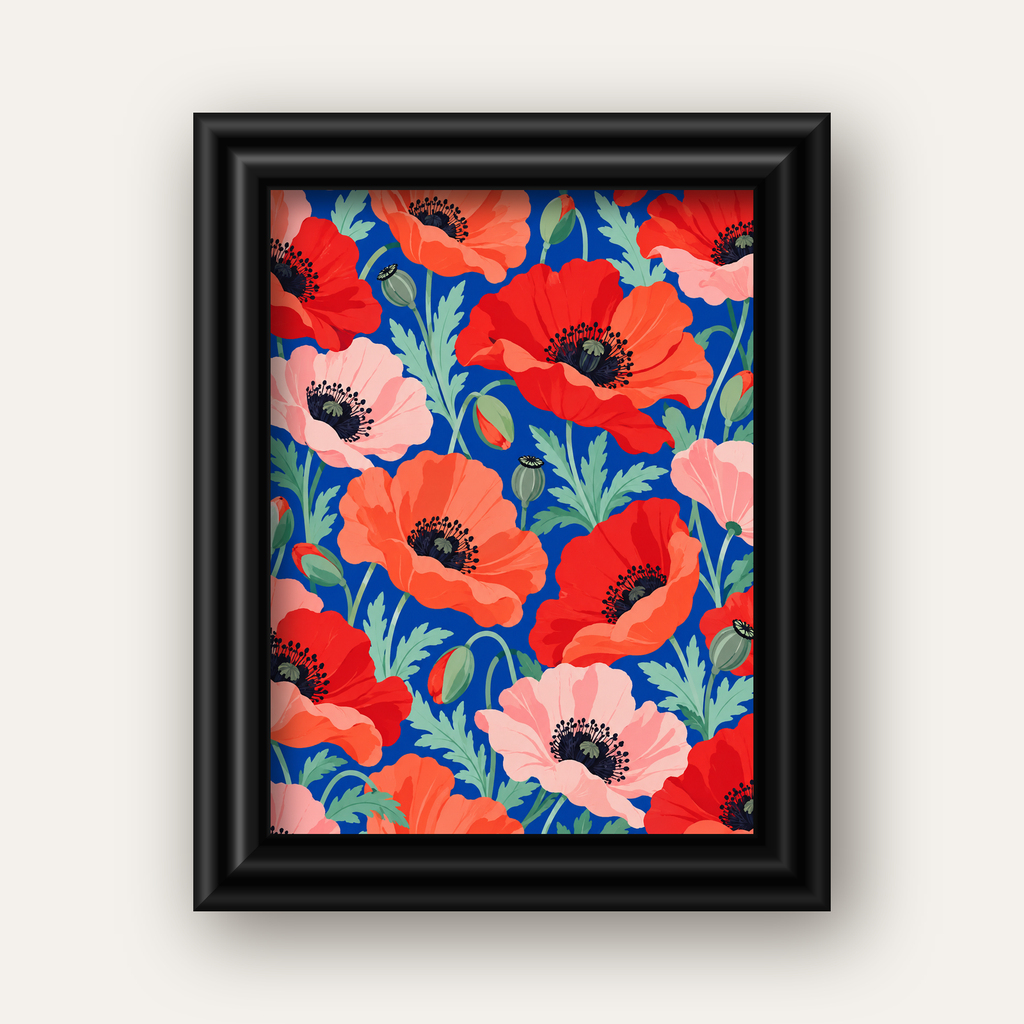 Canlı Gelincik Çiçekleri Desenli Dijital Poster - Renkli Duvar Sanatı — siyah galeri çerçeveli