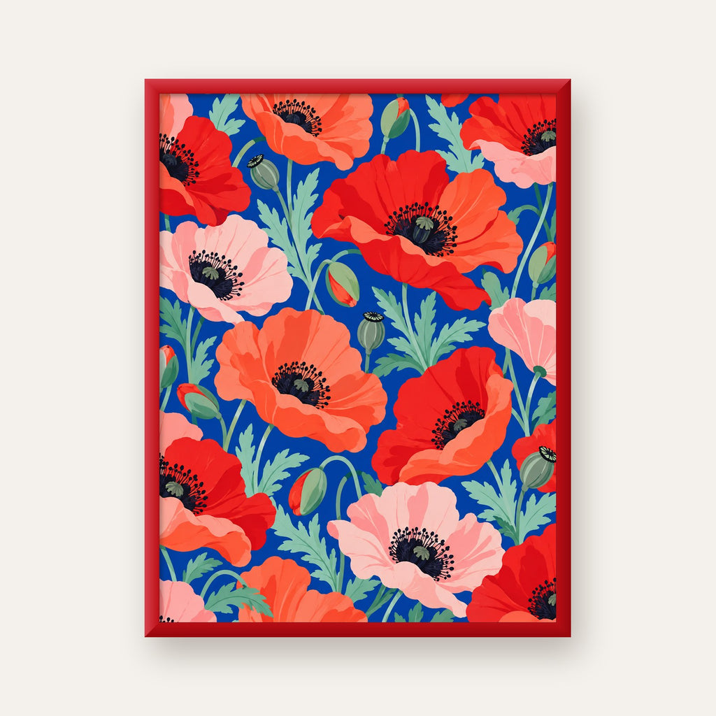 Canlı Gelincik Çiçekleri Desenli Dijital Poster - Renkli Duvar Sanatı — kırmızı çerçeveli