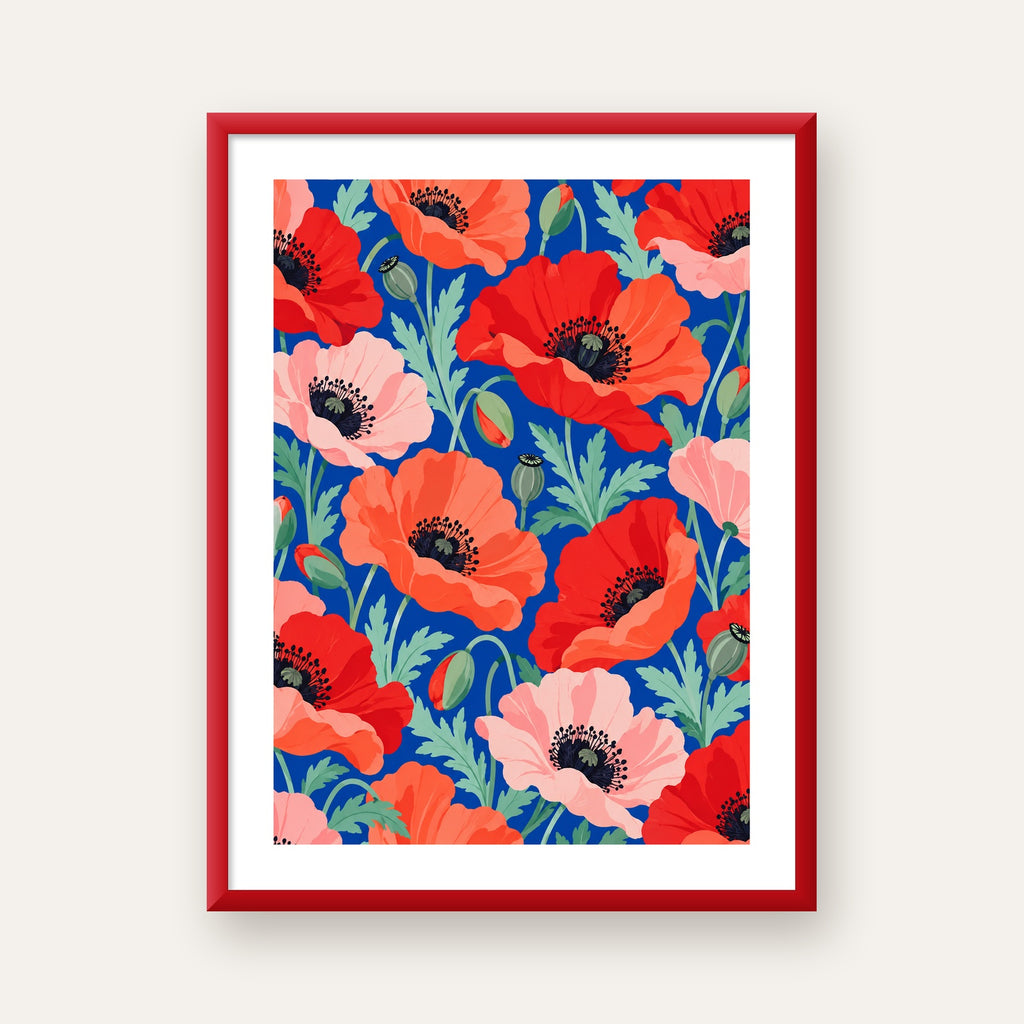 Canlı Gelincik Çiçekleri Desenli Dijital Poster - Renkli Duvar Sanatı — kırmızı çerçeveli paspartulu