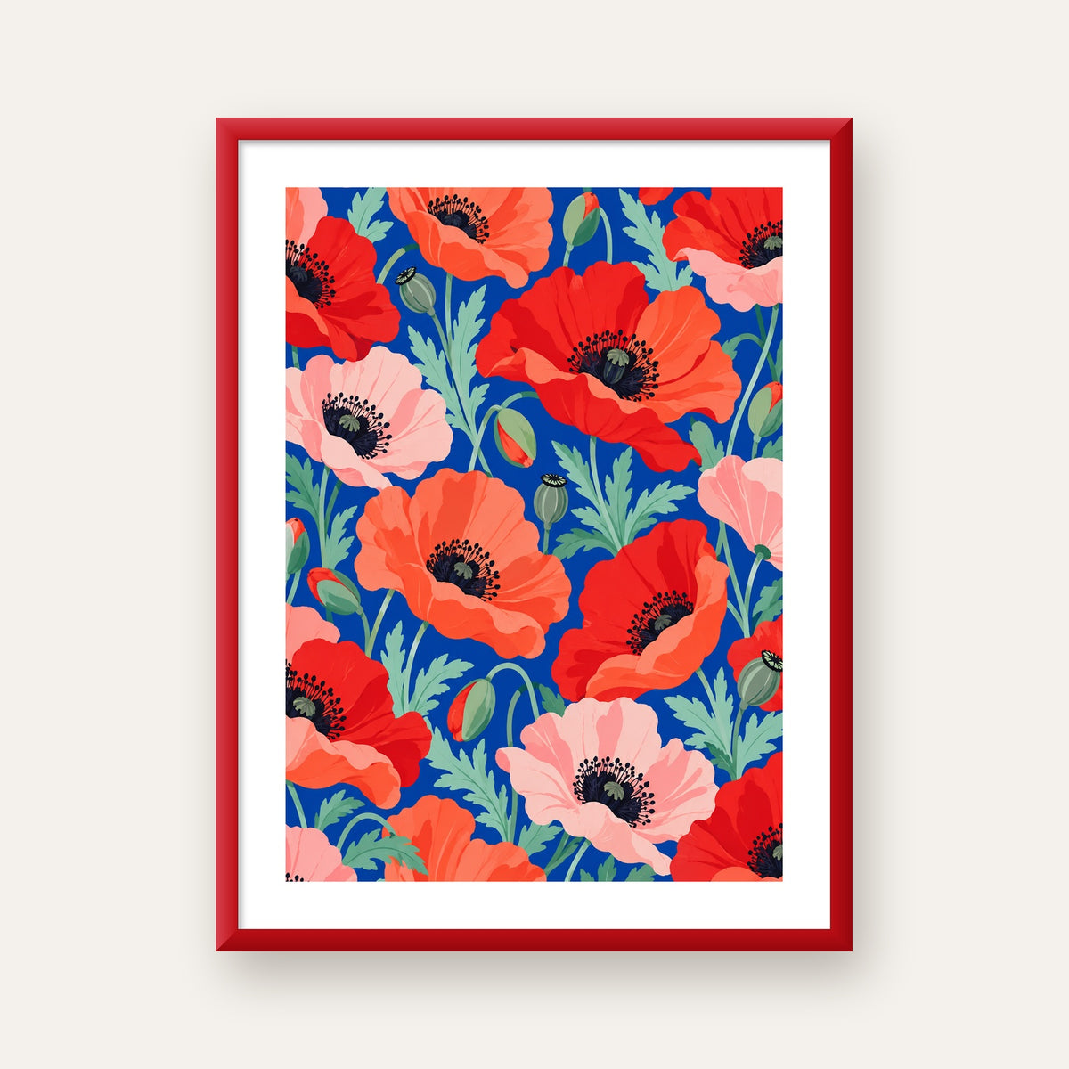 Canlı Gelincik Çiçekleri Desenli Dijital Poster - Renkli Duvar Sanatı — kırmızı çerçeveli paspartulu
