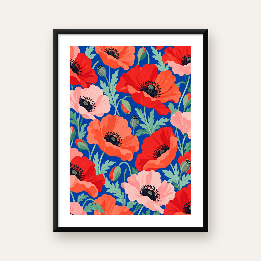 Canlı Gelincik Çiçekli Poster – Yoğun Renkli Dijital Sanat — Dikey baskı, beyaz kenar boşluklu