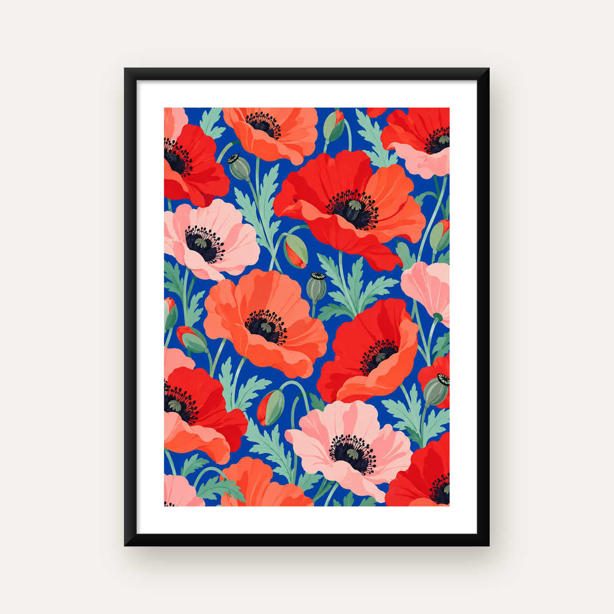 Canlı Gelincik Çiçekli Poster – Yoğun Renkli Dijital Sanat — Dikey baskı, beyaz kenar boşluklu