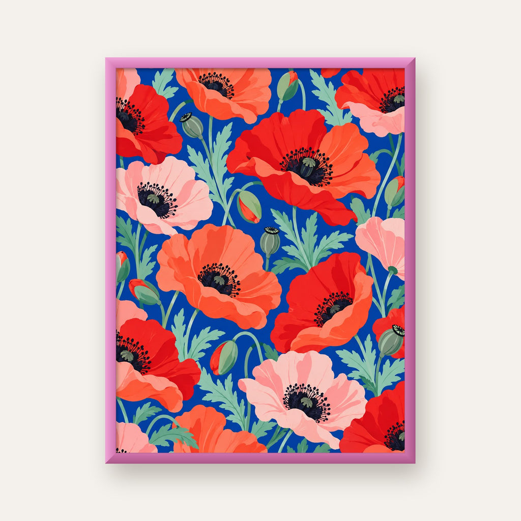 Canlı Gelincik Çiçekleri Desenli Dijital Poster - Renkli Duvar Sanatı — pembe çerçeveli
