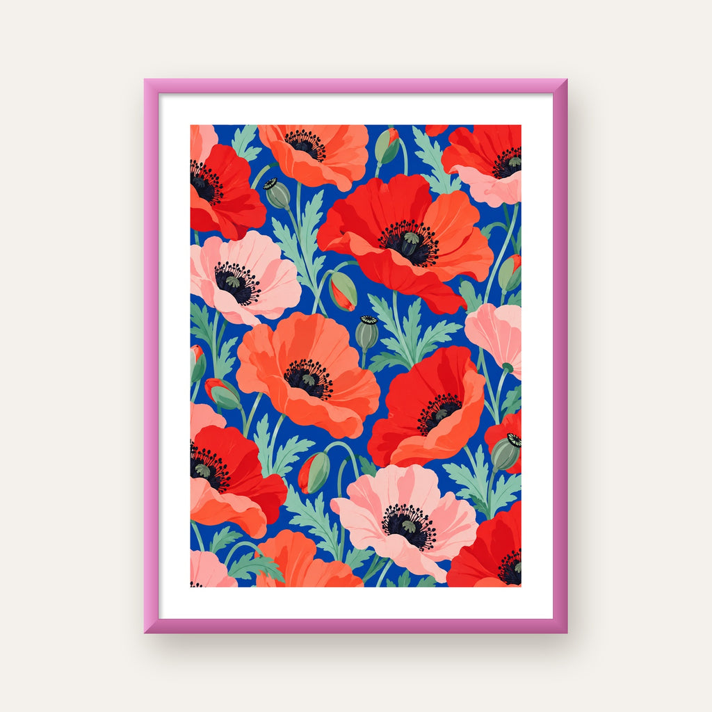 Canlı Gelincik Çiçekleri Desenli Dijital Poster - Renkli Duvar Sanatı — pembe çerçeveli paspartulu
