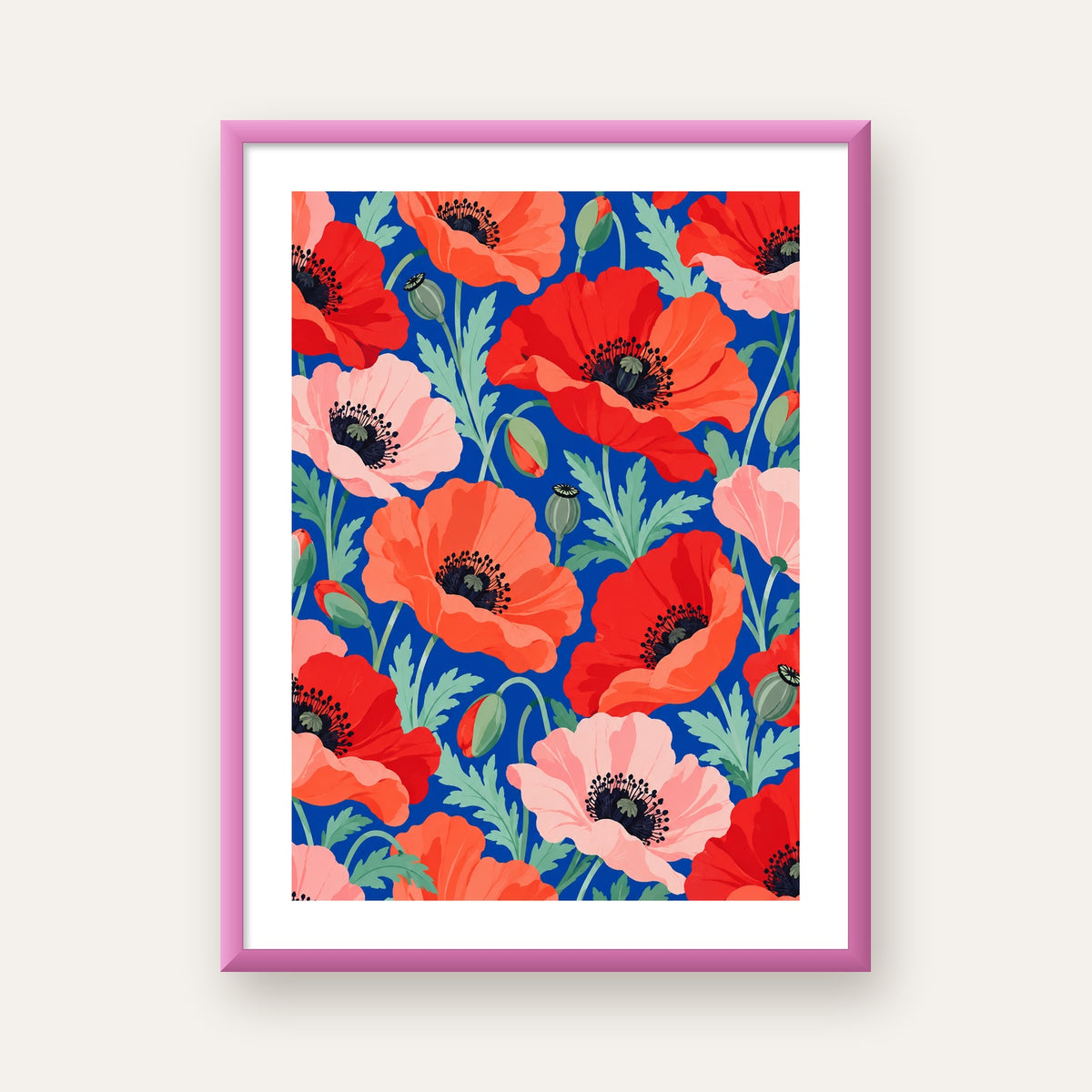 Canlı Gelincik Çiçekleri Desenli Dijital Poster - Renkli Duvar Sanatı — pembe çerçeveli paspartulu
