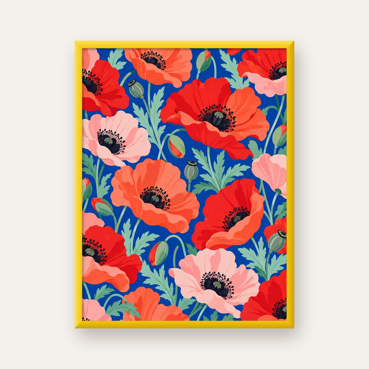 Canlı Gelincik Çiçekleri Desenli Dijital Poster - Renkli Duvar Sanatı — sarı çerçeveli