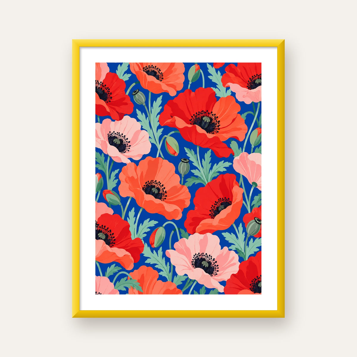 Canlı Gelincik Çiçekleri Desenli Dijital Poster - Renkli Duvar Sanatı — sarı çerçeveli paspartulu
