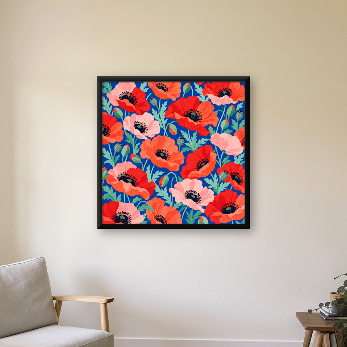 Canlı Gelincik Çiçekli Poster – Yoğun Renkli Dijital Sanat — Kare baskı, çerçeveli hâliyle bir ev duvarında