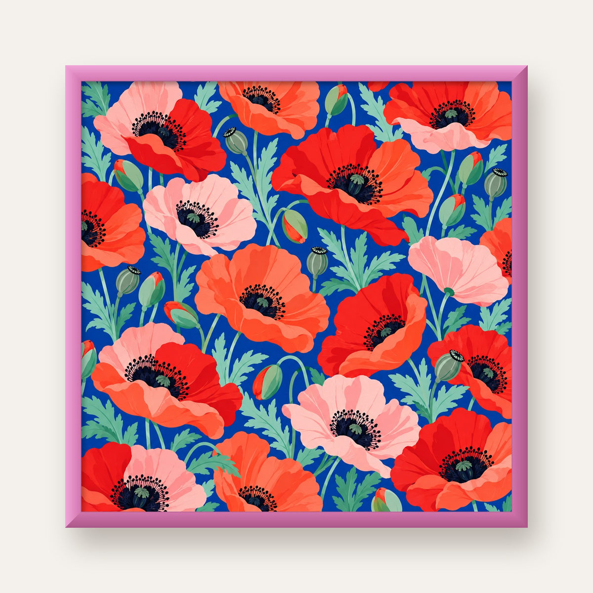 Canlı Gelincik Çiçekleri Desenli Dijital Poster - Renkli Duvar Sanatı — pembe çerçeveli