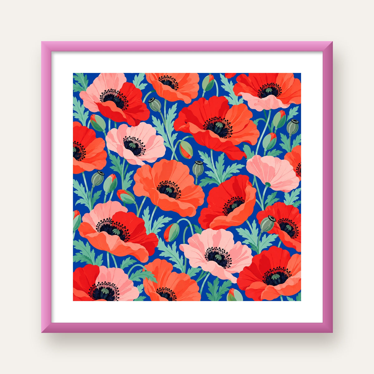 Canlı Gelincik Çiçekleri Desenli Dijital Poster - Renkli Duvar Sanatı — pembe çerçeveli paspartulu