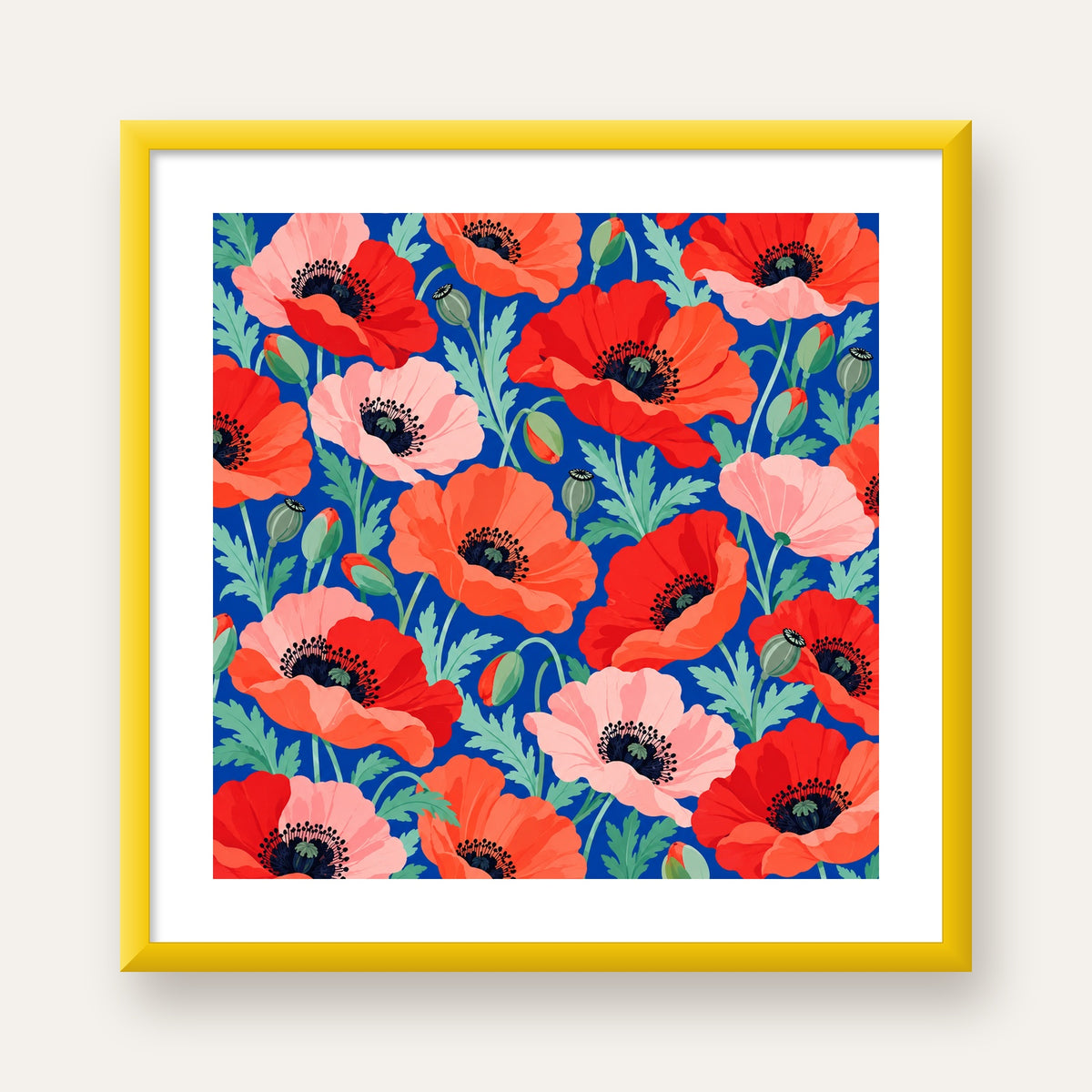Canlı Gelincik Çiçekleri Desenli Dijital Poster - Renkli Duvar Sanatı — sarı çerçeveli paspartulu