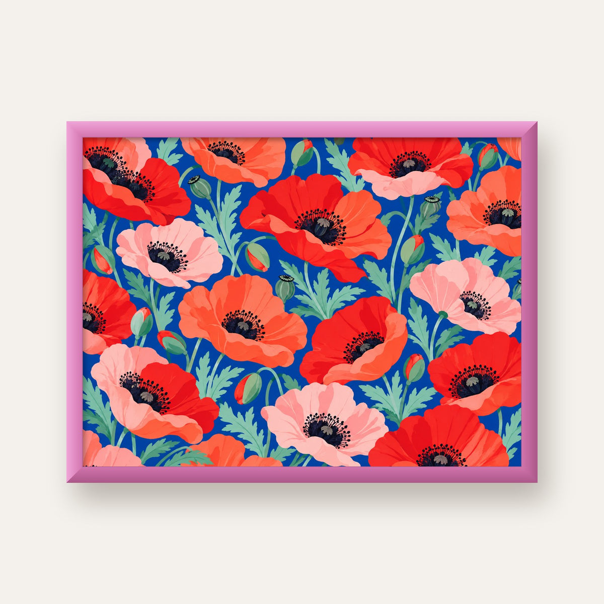 Canlı Gelincik Çiçekleri Desenli Dijital Poster - Renkli Duvar Sanatı — pembe çerçeveli