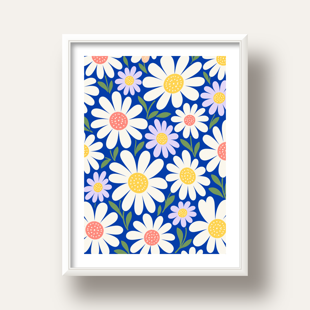 Çizgi Tarzı Papatya Desenli Dijital Poster - Mavi Zemin — beyaz derin çerçeveli paspartulu