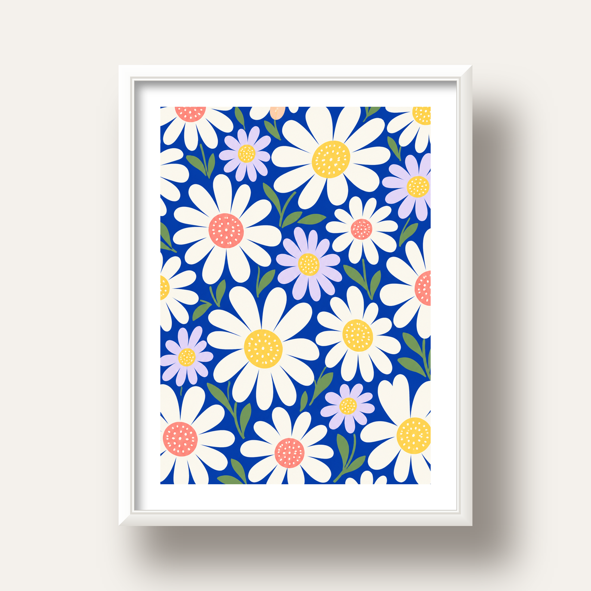 Çizgi Tarzı Papatya Desenli Dijital Poster - Mavi Zemin — beyaz derin çerçeveli paspartulu