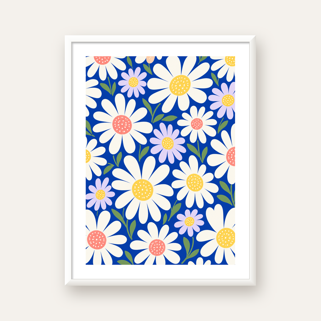 Çizgi Tarzı Papatya Desenli Dijital Poster - Mavi Zemin — beyaz çerçeveli dikey poster