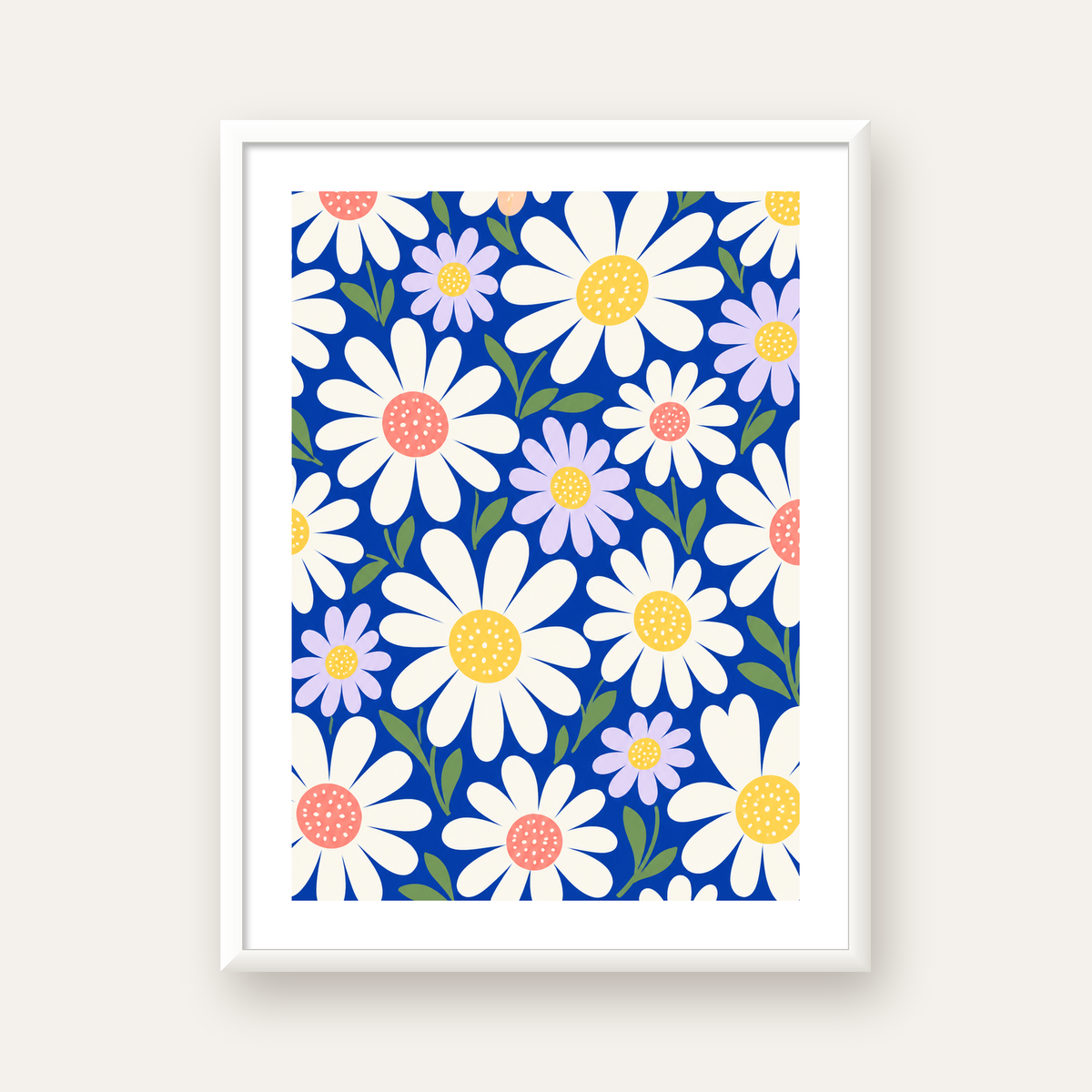 Çizgi Tarzı Papatya Desenli Dijital Poster - Mavi Zemin — beyaz çerçeveli dikey poster
