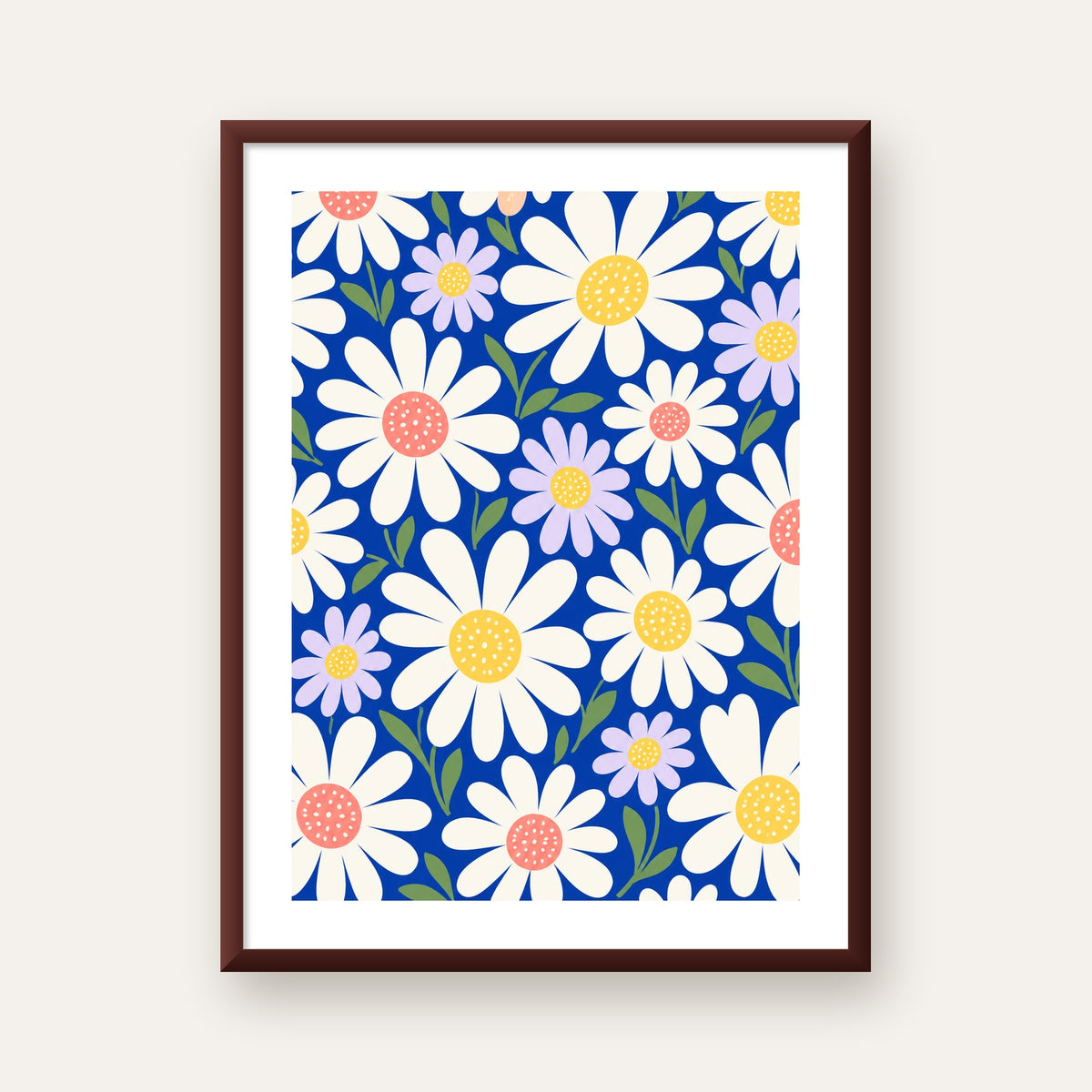 Çizgi Tarzı Papatya Desenli Dijital Poster - Mavi Zemin — ceviz çerçeveli paspartulu
