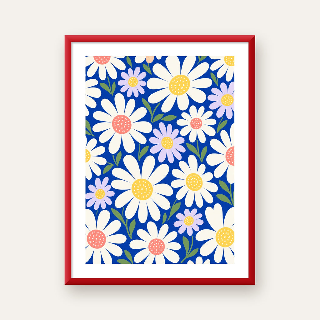 Çizgi Tarzı Papatya Desenli Dijital Poster - Mavi Zemin — kırmızı çerçeveli paspartulu