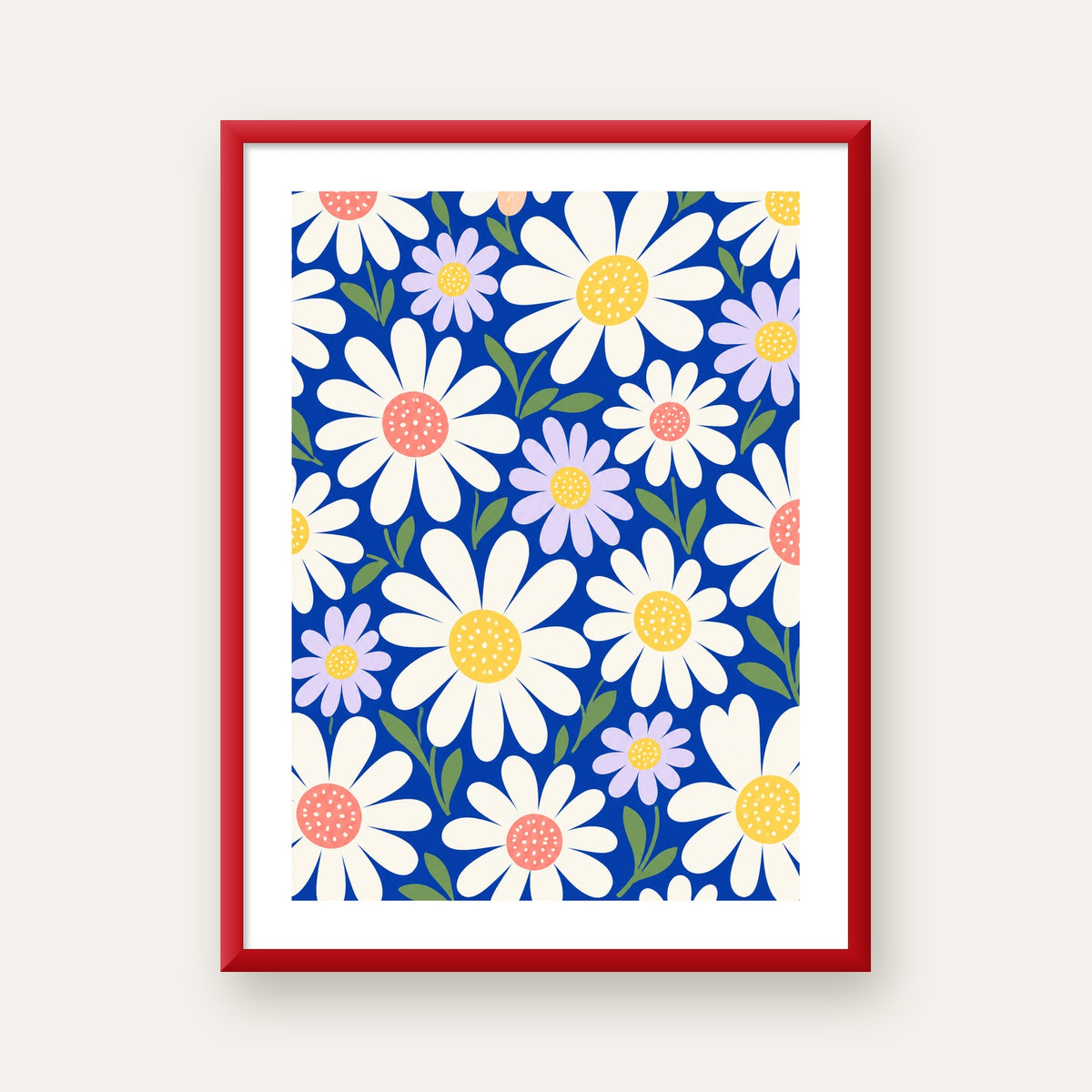 Çizgi Tarzı Papatya Desenli Dijital Poster - Mavi Zemin — kırmızı çerçeveli paspartulu