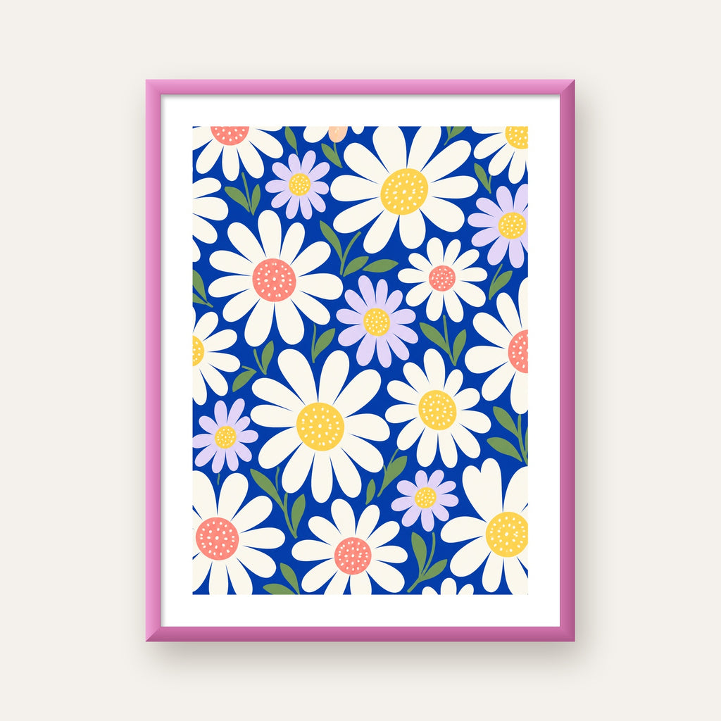 Çizgi Tarzı Papatya Desenli Dijital Poster - Mavi Zemin — pembe çerçeveli paspartulu