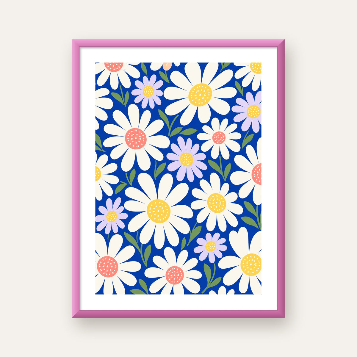 Çizgi Tarzı Papatya Desenli Dijital Poster - Mavi Zemin — pembe çerçeveli paspartulu