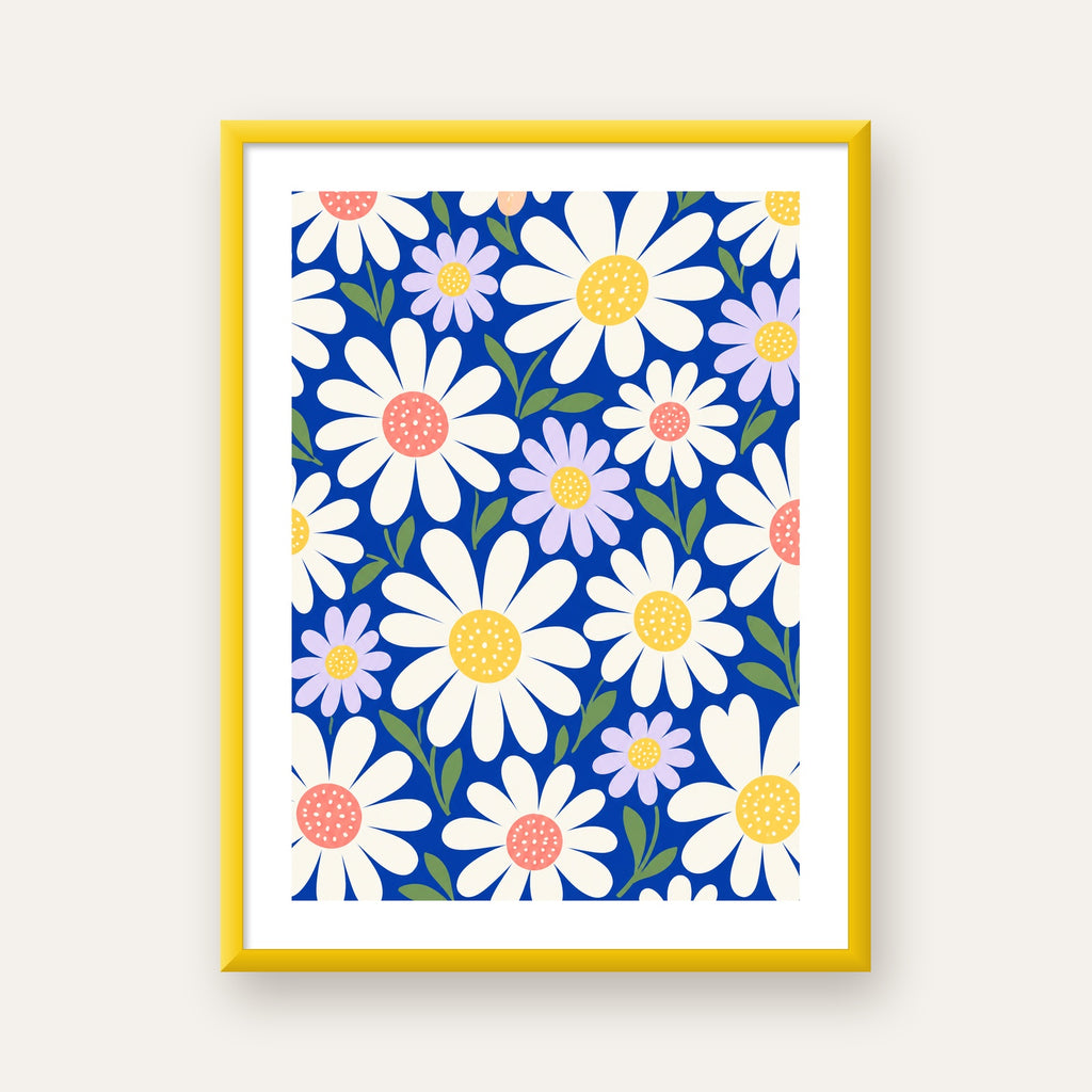 Çizgi Tarzı Papatya Desenli Dijital Poster - Mavi Zemin — sarı çerçeveli paspartulu