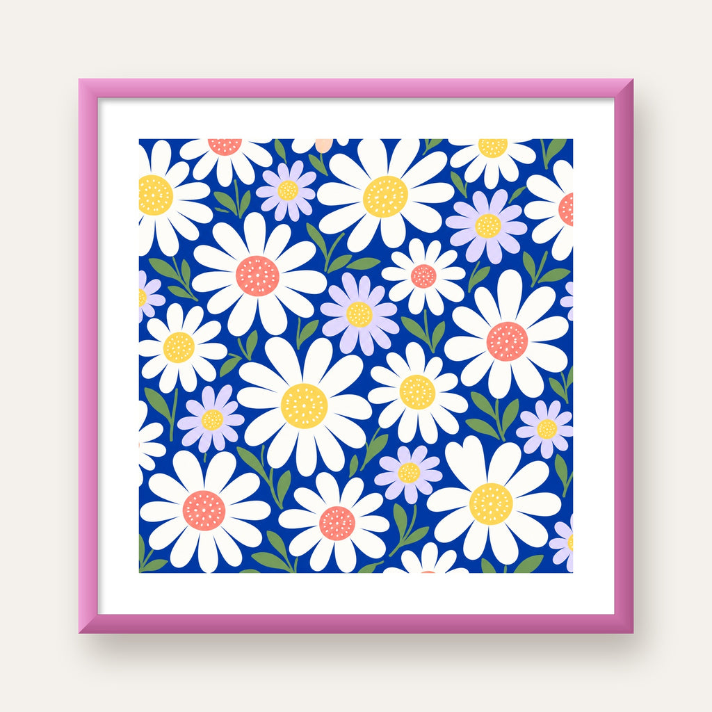 Çizgi Tarzı Papatya Desenli Dijital Poster - Mavi Zemin — pembe çerçeveli paspartulu