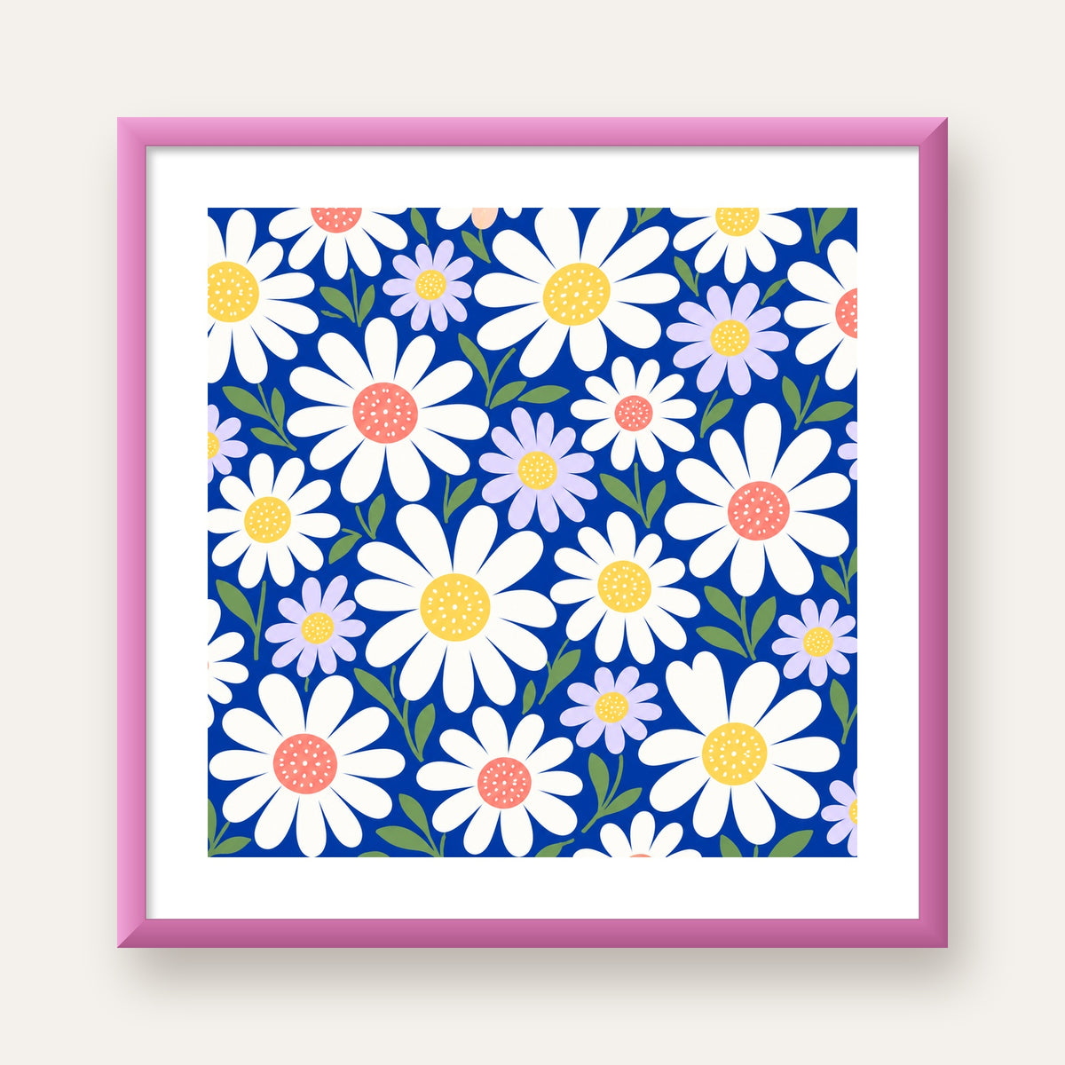 Çizgi Tarzı Papatya Desenli Dijital Poster - Mavi Zemin — pembe çerçeveli paspartulu