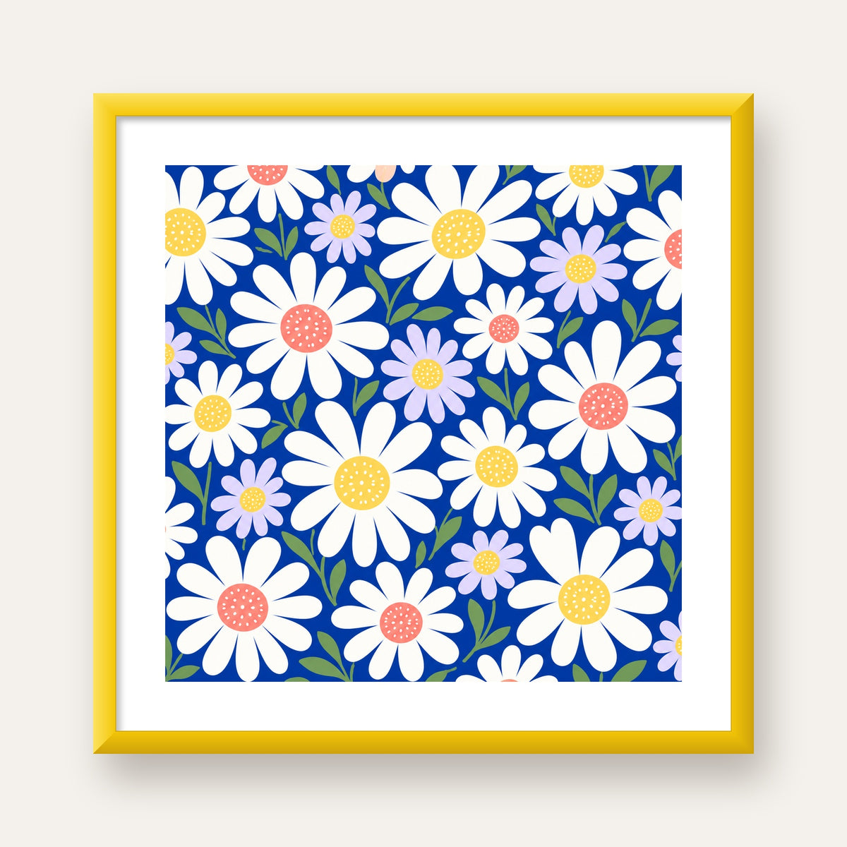 Çizgi Tarzı Papatya Desenli Dijital Poster - Mavi Zemin — sarı çerçeveli paspartulu