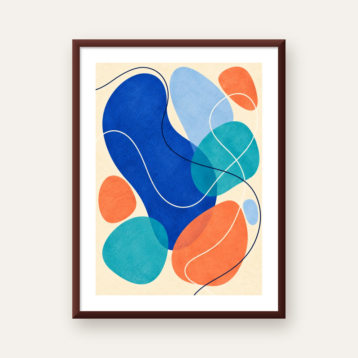 Renkli Soyut Şekiller Modern Dijital Poster – Çerçeveli Baskı — ceviz çerçeveli paspartulu