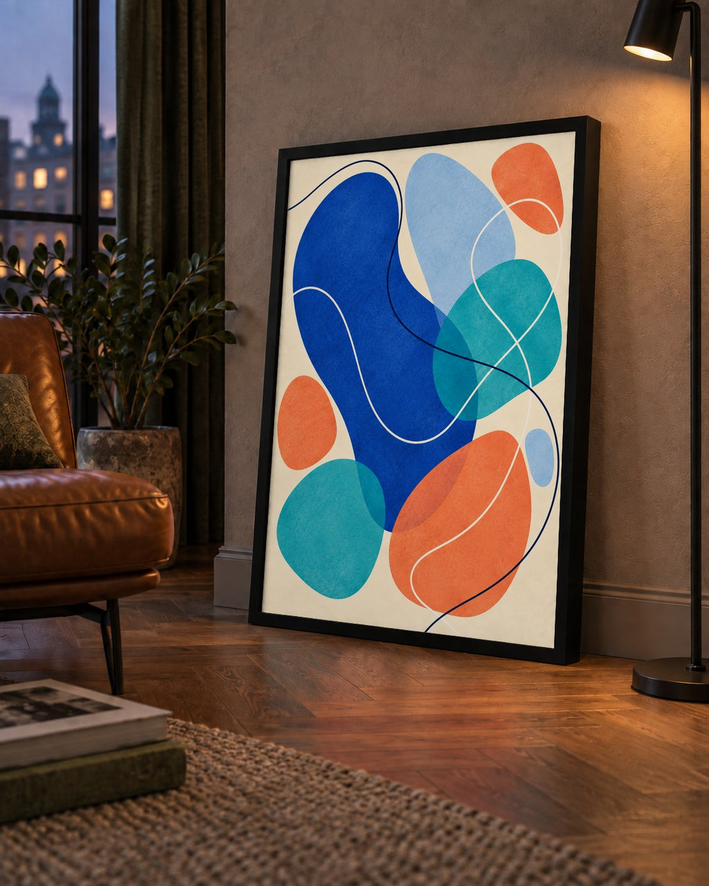 Renkli Soyut Şekiller Modern Dijital Poster – Çerçeveli Baskı — çerçeveli hâliyle bir ev duvarında
