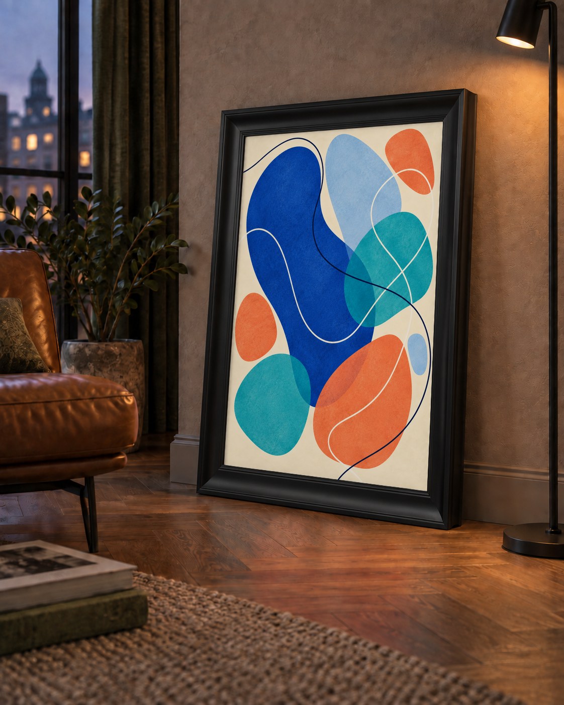 Renkli Soyut Şekiller Modern Dijital Poster – Çerçeveli Baskı — çerçeveli hâliyle bir ev duvarında