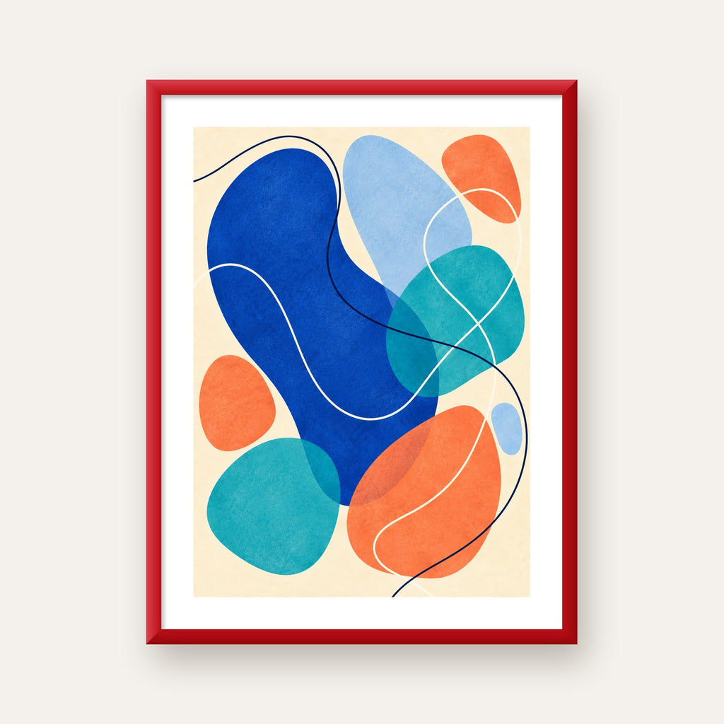 Renkli Soyut Şekiller Modern Dijital Poster – Çerçeveli Baskı — kırmızı çerçeveli paspartulu