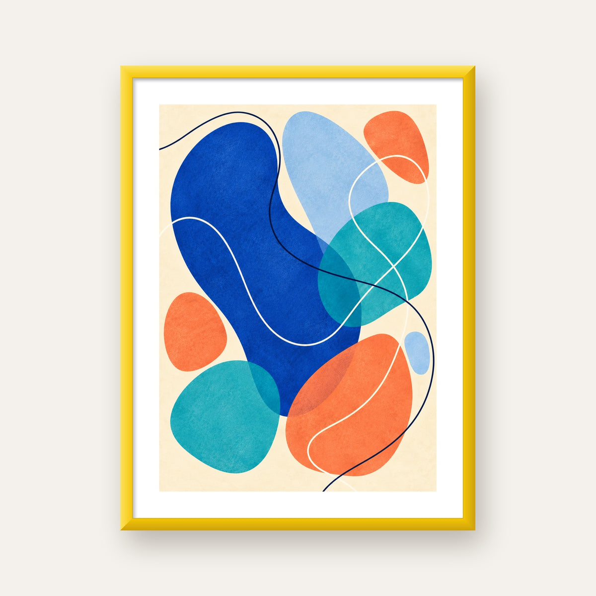 Renkli Soyut Şekiller Modern Dijital Poster – Çerçeveli Baskı — sarı çerçeveli paspartulu