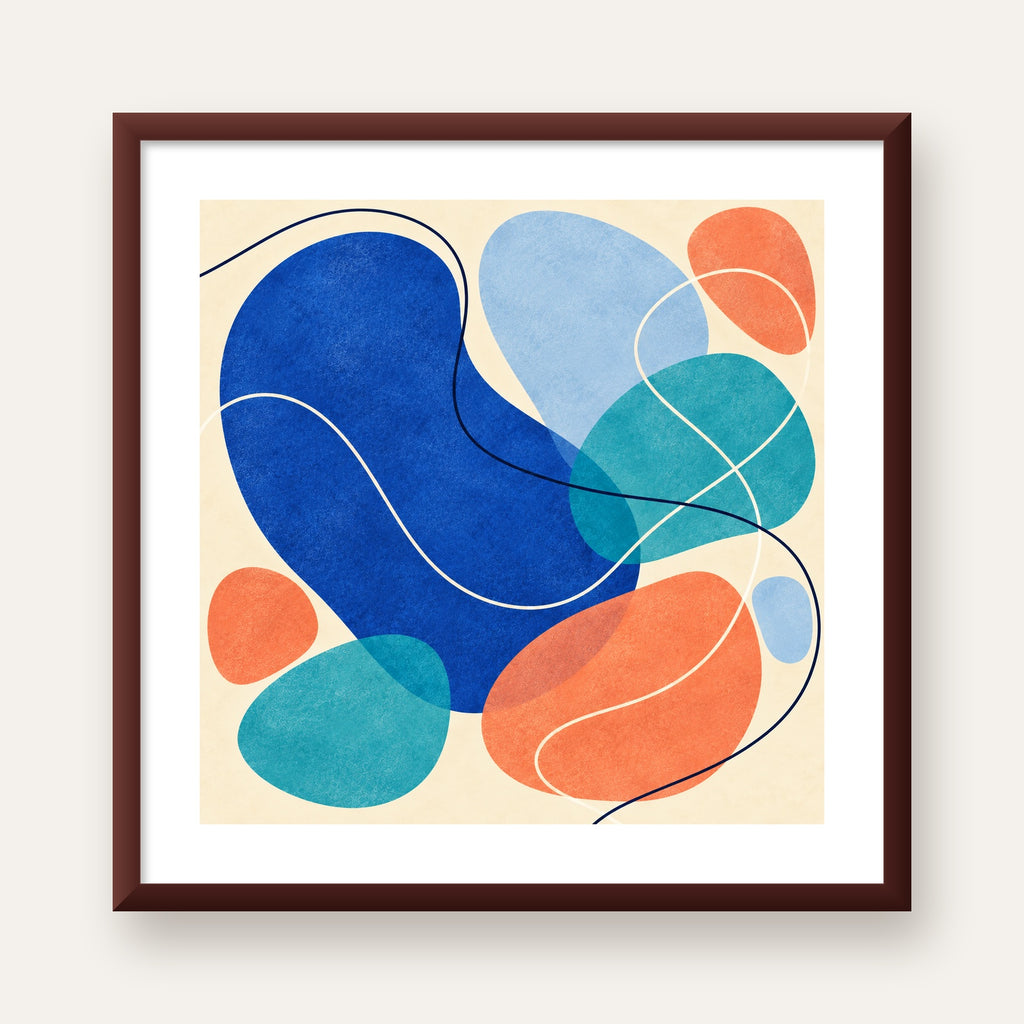 Renkli Soyut Şekiller Modern Dijital Poster – Çerçeveli Baskı — ceviz çerçeveli paspartulu
