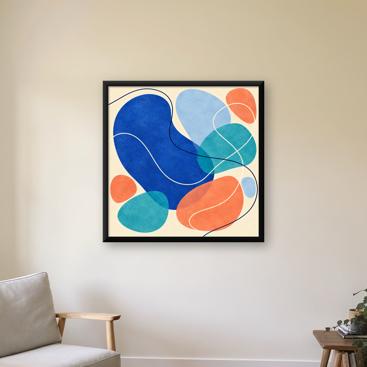 Renkli Soyut Şekiller Modern Dijital Poster – Çerçeveli Baskı — Kare baskı, çerçeveli hâliyle bir ev duvarında