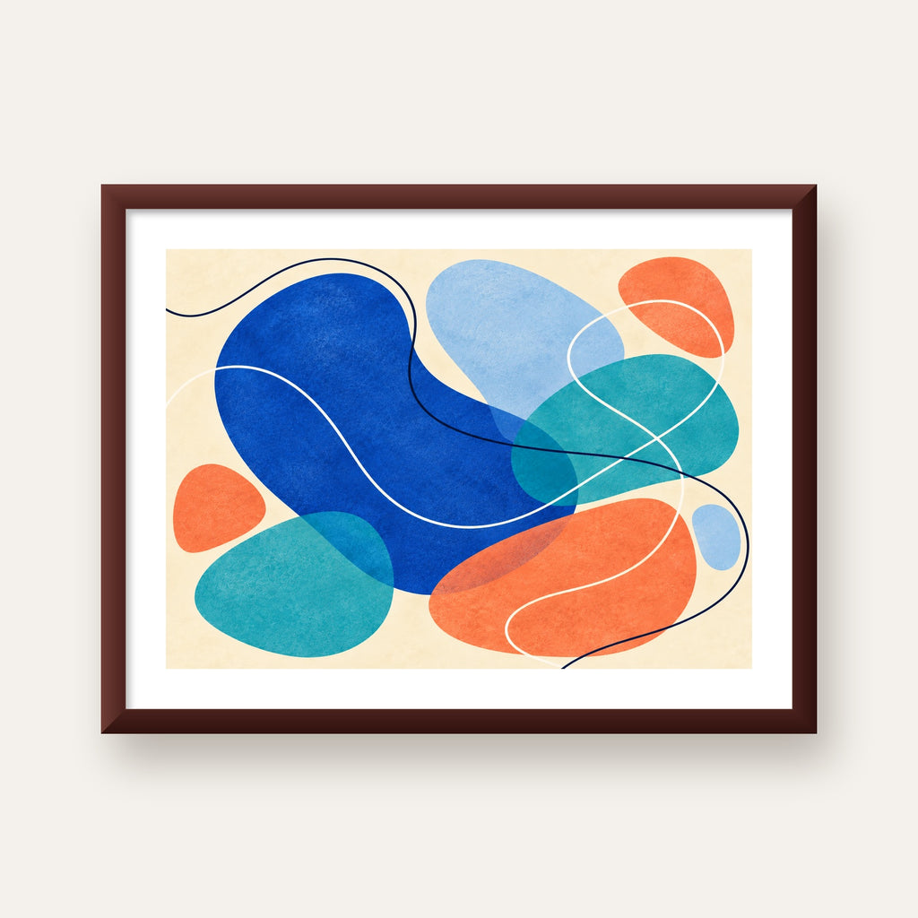 Renkli Soyut Şekiller Modern Dijital Poster – Çerçeveli Baskı — ceviz çerçeveli paspartulu