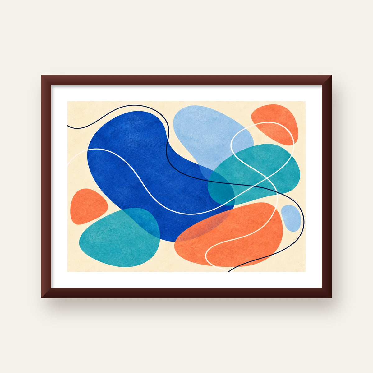 Renkli Soyut Şekiller Modern Dijital Poster – Çerçeveli Baskı — ceviz çerçeveli paspartulu