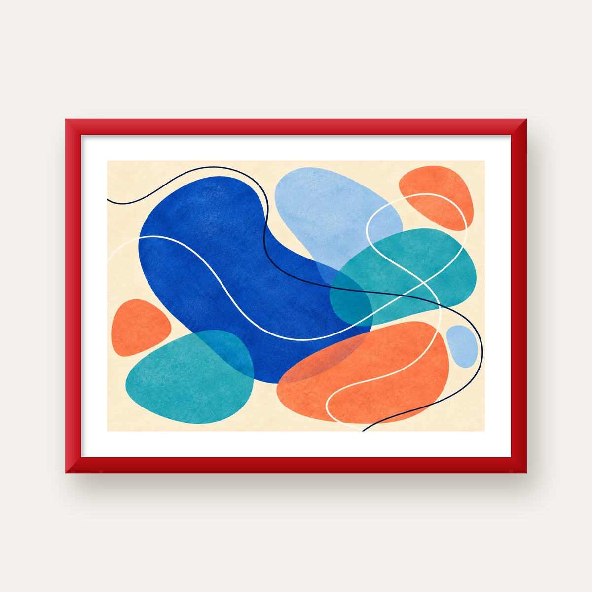 Renkli Soyut Şekiller Modern Dijital Poster – Çerçeveli Baskı — kırmızı çerçeveli paspartulu
