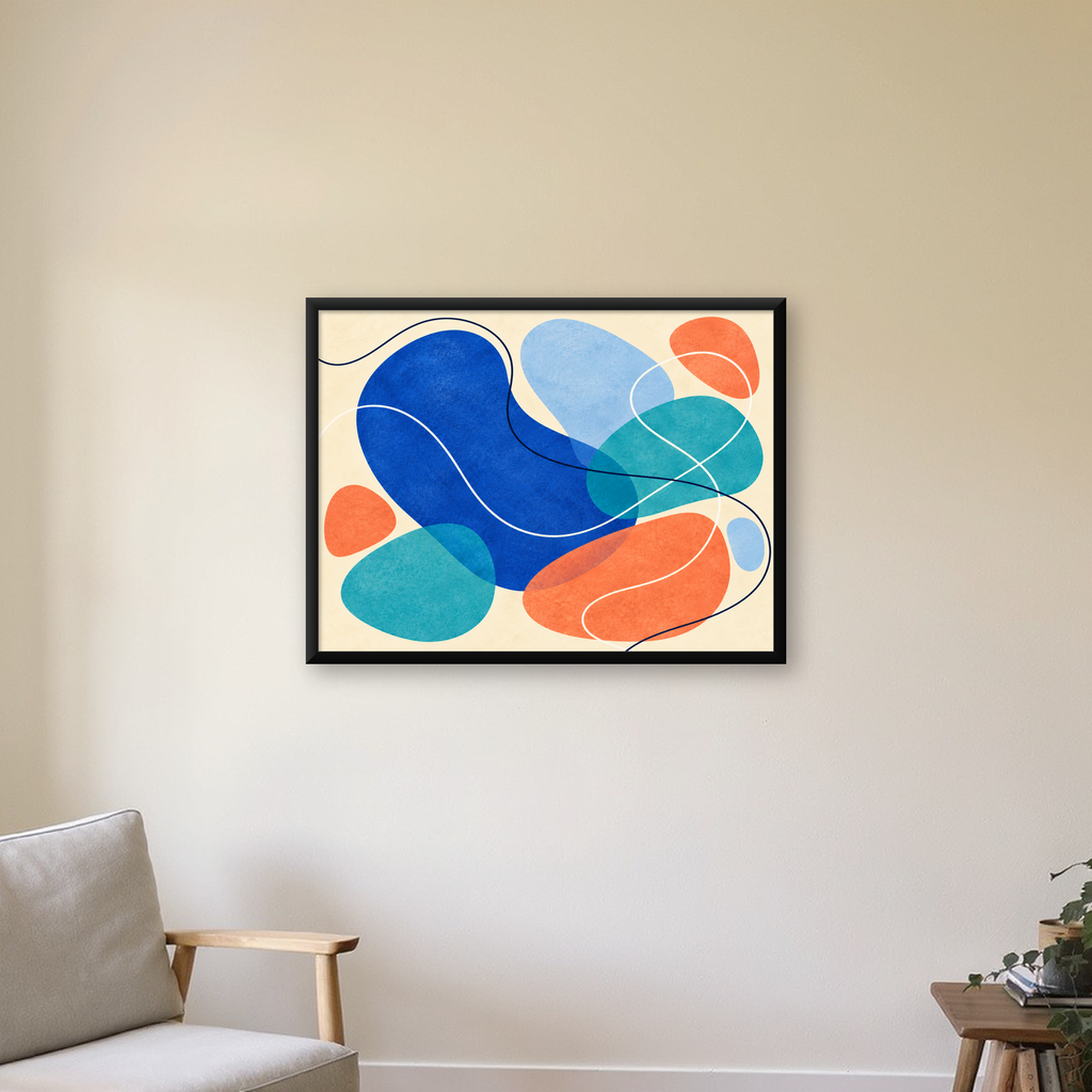 Renkli Soyut Şekiller Modern Dijital Poster – Çerçeveli Baskı — Yatay baskı, çerçeveli hâliyle bir ev duvarında