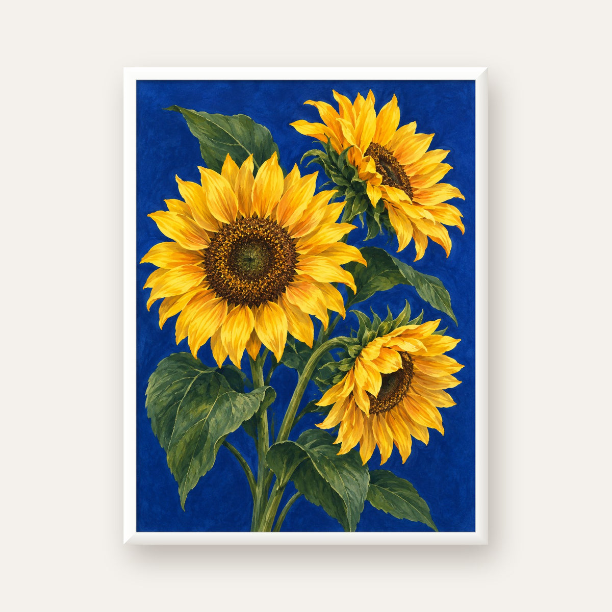 Günebakan Çiçekleri Suluboya Poster – Mavi Arka Planlı — beyaz çerçeveli dikey poster