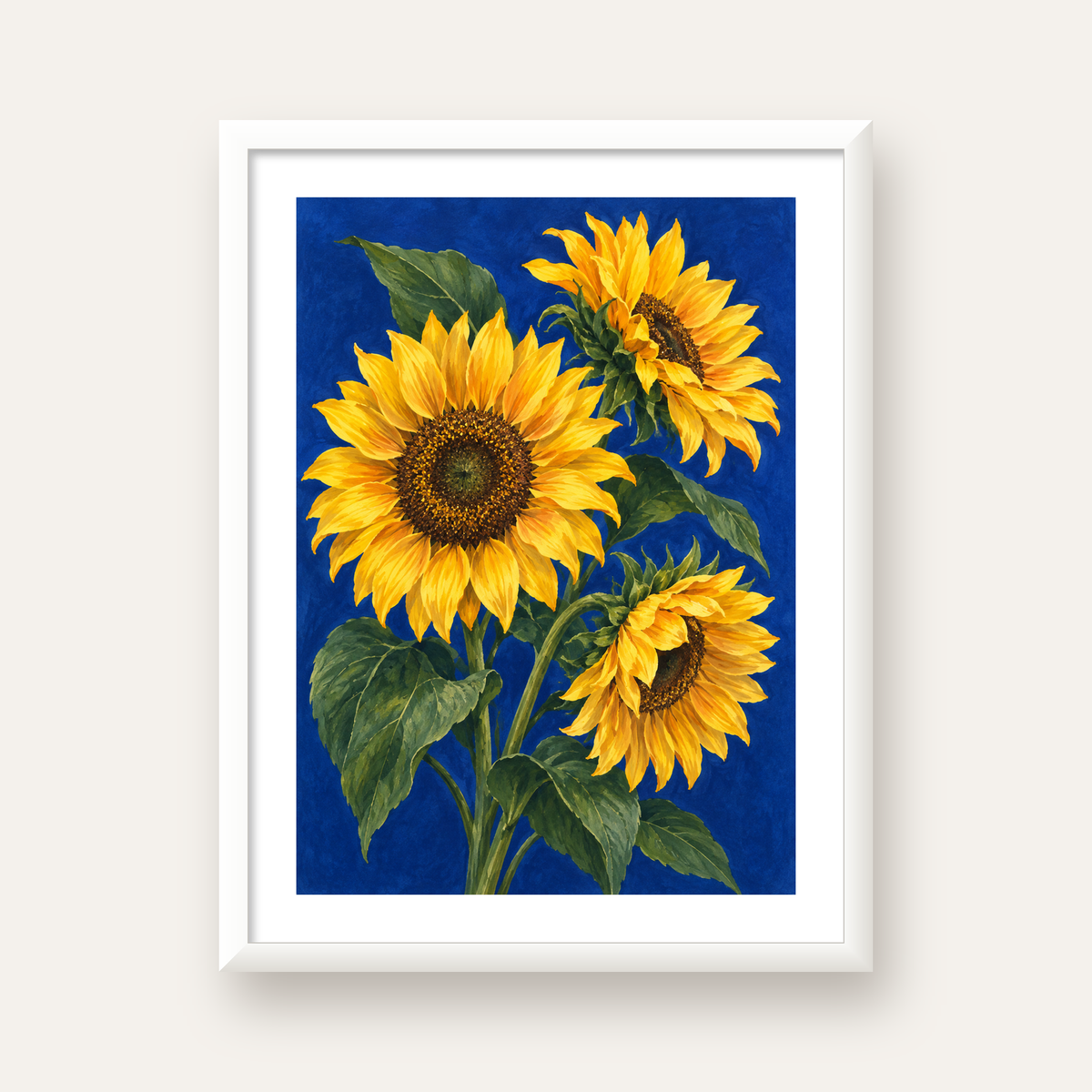 Günebakan Çiçekleri Suluboya Poster – Mavi Arka Planlı — beyaz çerçeveli dikey poster