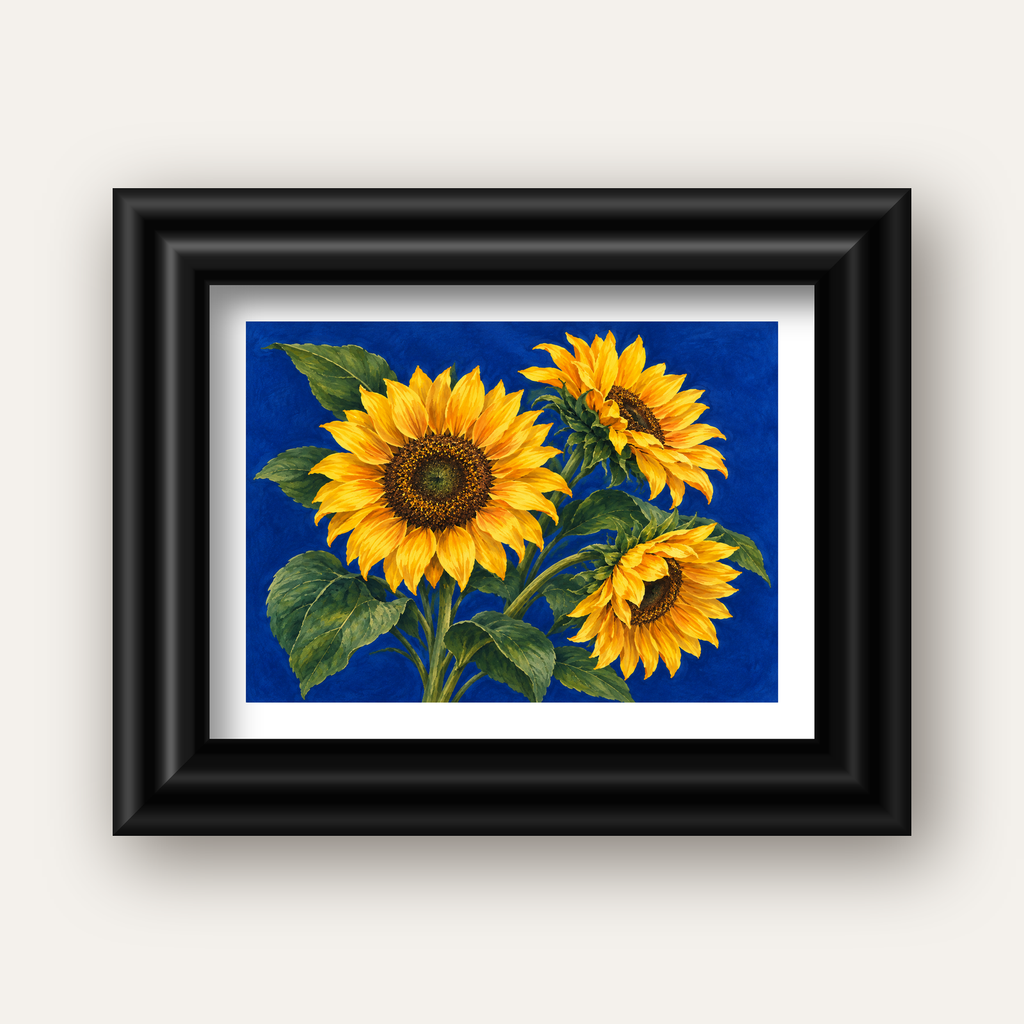 Günebakan Çiçekleri Suluboya Poster – Mavi Arka Planlı — siyah galeri çerçeveli paspartulu