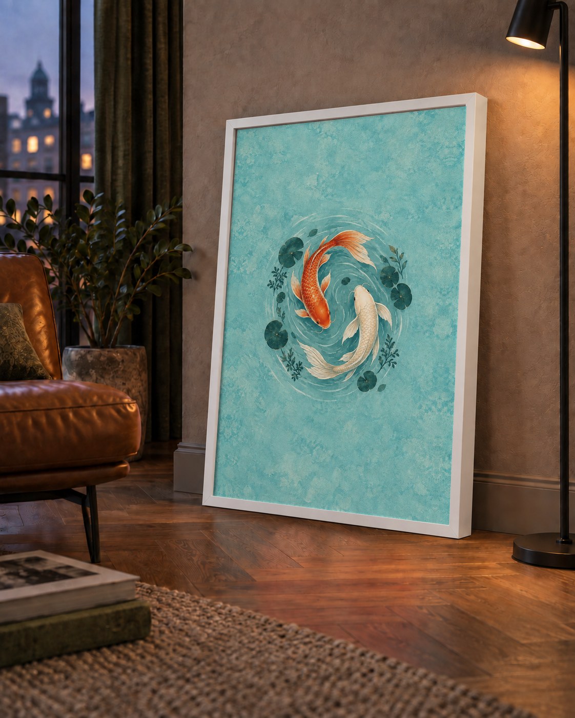 Koi Balıkları ve Nilüfer Yapraklı Suluboya Poster — çerçeveli hâliyle bir ev duvarında