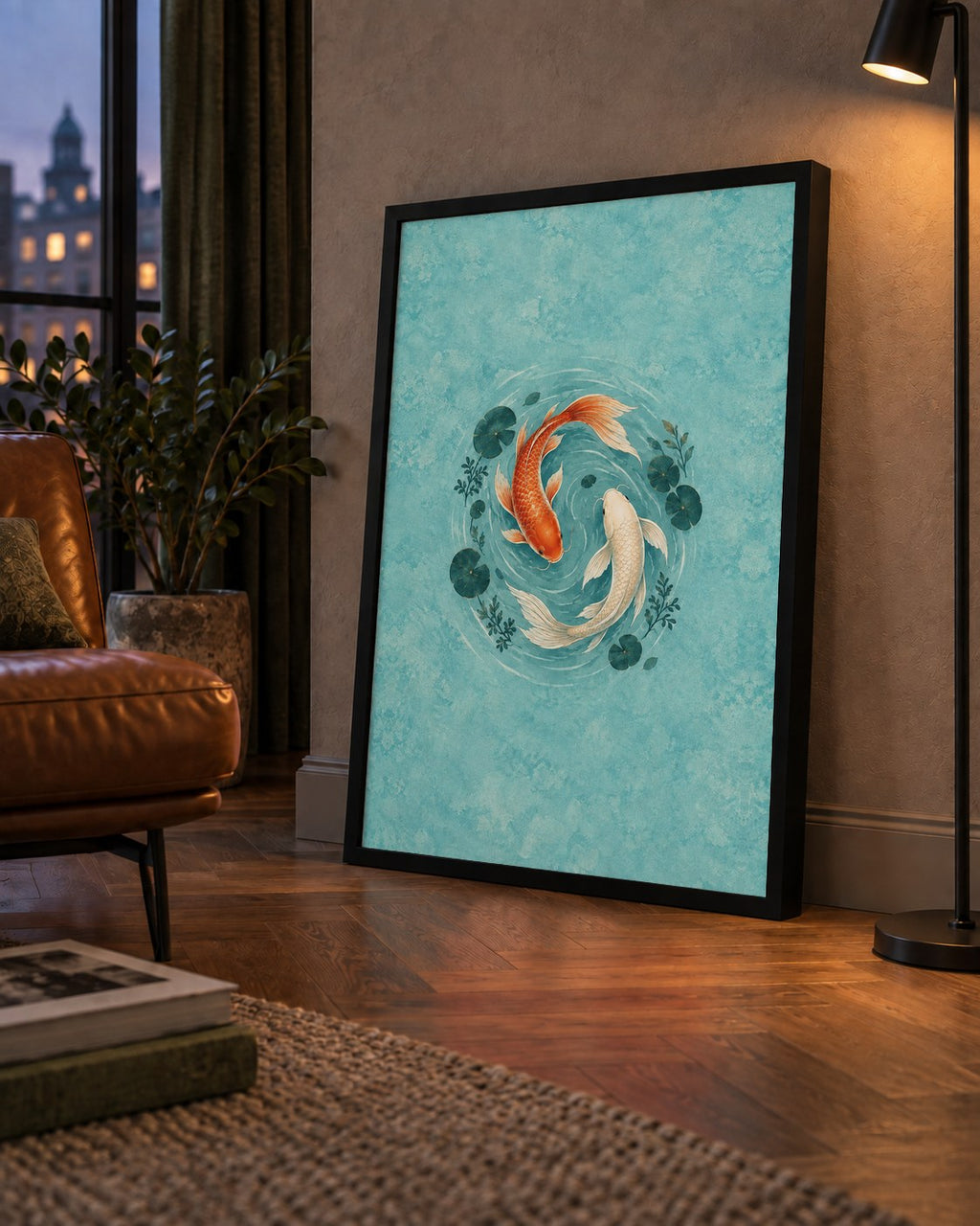 Koi Balıkları ve Nilüfer Yapraklı Suluboya Poster — çerçeveli hâliyle bir ev duvarında