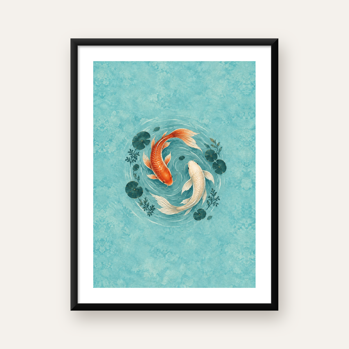 Koi Balıkları ve Su Bitkileri Dijital Sanat Poster Baskısı — Dikey baskı, beyaz kenar boşluklu