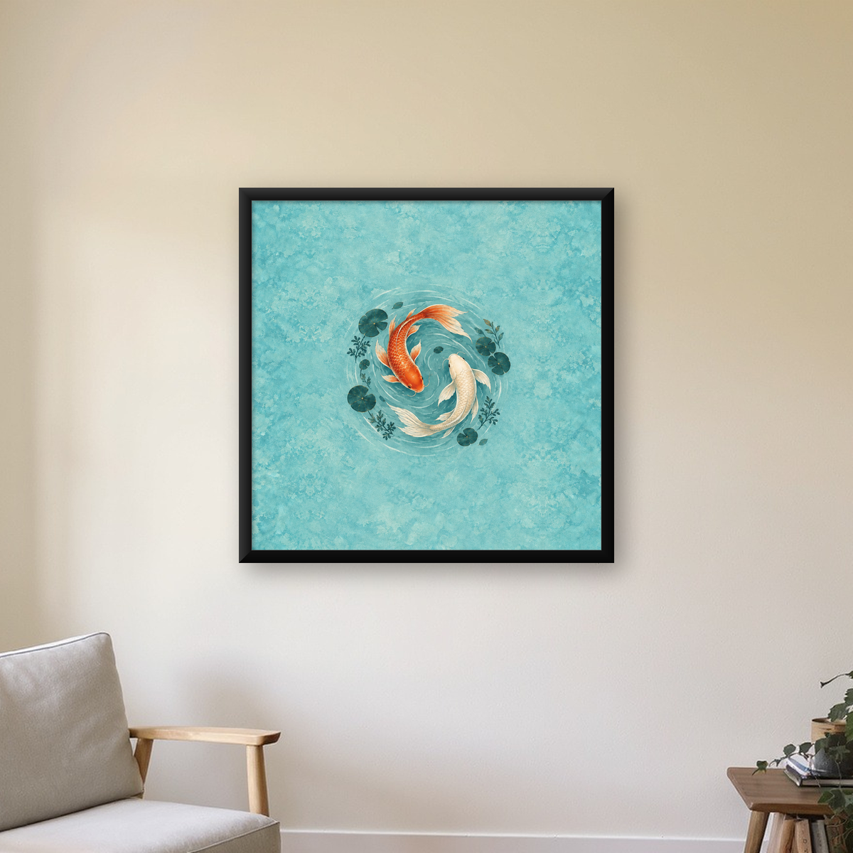 Koi Balıkları ve Su Bitkileri Dijital Sanat Poster Baskısı — Kare baskı, çerçeveli hâliyle bir ev duvarında