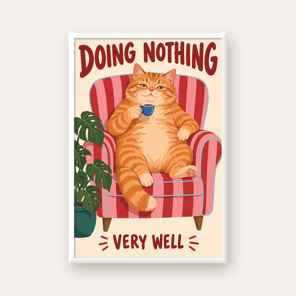 Tembel Kedi Poster – Keyifli Koltukta Sevimli İllüstrasyon — beyaz çerçeveli dikey poster