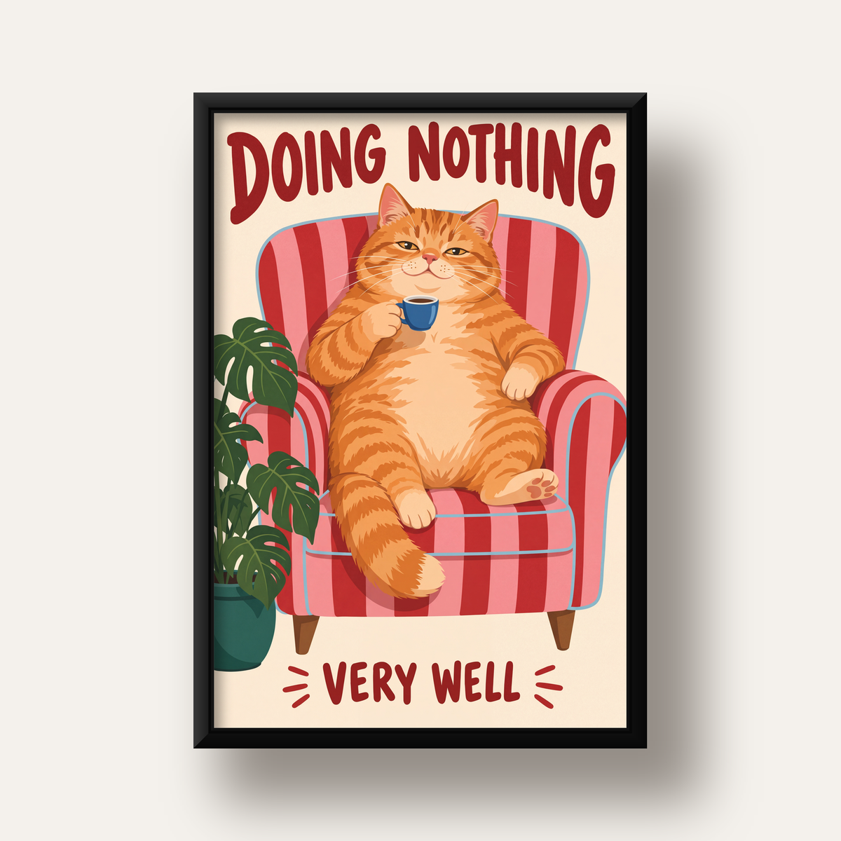 Tembel Kedi Poster – Keyifli Koltukta Sevimli İllüstrasyon — siyah derin çerçeveli